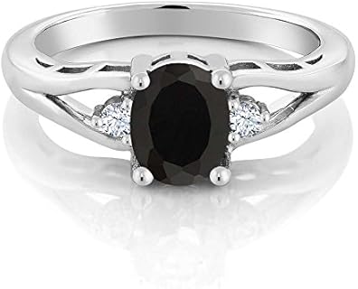 Gem Stone King 925 Sterling Silver Black Onyx 3 Stone Engagement Ring For Women | 1.31 Cttw | Oval 8X6MM | Round 2MM | Gemstone Birthstone | Available in Size 5,6,7,8,9