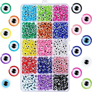 1050 Pieces 15 Style Evil Eye Beads 6mm Evil Eye Charms Beads for Jewelry Making Turkish Beads Spacer Beads for DIY Bracelet Earring Necklace Crafts Making with Boxes