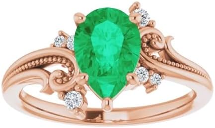 1 CT Vintage Floral Pear Shape Emerald Ring 14k Gold, Filigree Tear Drop Green Emerald Engagement Ring, Nature Inspired Wedding Ring, May Birthstone Bridal Ring Proposal Promise Ring