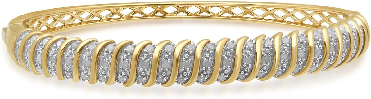 Jewelili 1 Cttw Diamond-Encrusted Yellow Gold Bangle Bracelet with Box Chain and Tongue Clasp for Women, Elegant Round Design