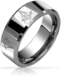 Bling Jewelry Square & Compass Freemason Masonic Titanium Wedding Band Ring For Men Polished Silver Tone Comfort Fit 8MM