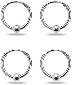 Sterling Silver Ball Bead Small Endless 10mm Thin Round Unisex Hoop Earrings for Men Women Set of 2 Pairs