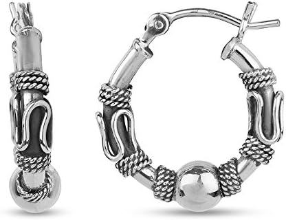 LeCalla 925 Sterling Silver Oxidized Balinese Hoops Earring Jewelry Small Antique Bali Beaded Hoop Earrings for Women