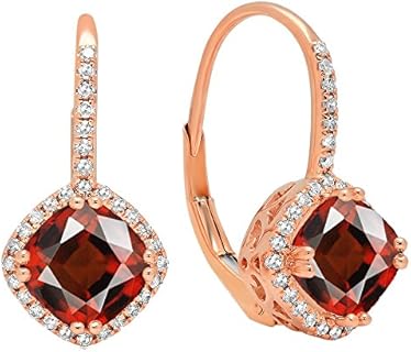 Lever-Back Garnet Hoop Earrings - Elegant Cushion Gem & Round Diamond Halo Design in 10K Rose Gold for Ladies