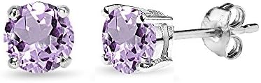 Earrings for Women Sterling Silver Trendy 4mm, 5mm, 7mm, 8mm Solitaire Purple Stud Round Genuine Amethyst Studs for Girls Teens Bridesmaids