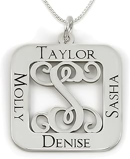 Square Cut Sterling Silver Script Initial and Name Pendant Necklace. Personalized Center Monogram and Names. Choice of Chains. Sterling Silver, 14k Gold Plate or Rose Gold Plate over Sterling Silver