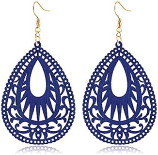 Handmade Bohemian Geometric Wood Earrings for Women Girls Vintage Bohemian African Nature Wooden Earrings Lightweight Hollow Teardrop Ethnic Fashion Statement Earring