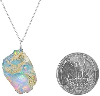 InfinityGemsArt® Genuine Raw Ethiopian Opal Gemstone Dainty Pendant Necklace, Rough Crystals, Birthstone, Fire Opal, Healing Stones, Charming Women Jewelry in 925 Sterling Silver 20inch