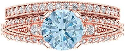 Clara Pucci 2.10ct Round Cut Solitaire Genuine Natural Sky Blue Topaz Engagement Promise Anniversary Bridal Ring Band set 18K Rose Gold