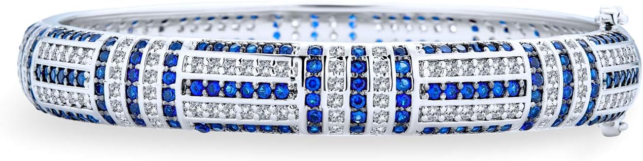 Geometric Art Deco Style Black Simulated Green Blue Simulated Sapphire Cubic Zirconia CZ Dome Statement Bangle Bracelet For Women Silver Plated Brass