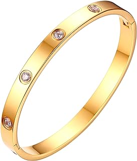 Rofusn Gold Bangle Bracelet Cuff for Women, Polished Stainless Steel Bracelets with CZ Stone Jewelry Gift
