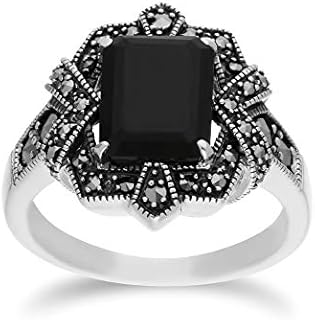 Gemondo Black Onyx Ring, Sterling Silver Black Onyx & Marcasite Octagon Art Nouveau Ring
