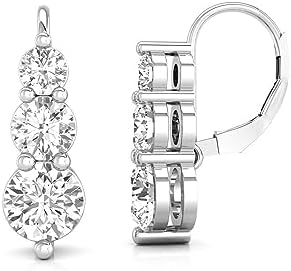 Three Stone Lever Back Lab Grown Diamond, Moissanite or Cubic Zirconia Daily Wear Drop Dangle Earrings for Women 925 Sterling Silver 14K White Gold