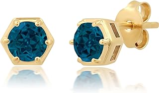 Round Created or Gemstone Stud Birthstone Earrings for Women – 4k Yellow Gold Plated or 925 Sterling Silver Hypoallergenic – Hexagon Framed Push Back Studs Set by Nicole Miller Fine Jewelry