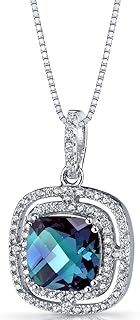 PEORA Simulated Alexandrite Pendant Necklace for Women 925 Sterling Silver, Double Halo Design, Color Changing 4.25 Carats Cushion Cut 9mm, with 18 Inch Chain