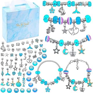 Flasoo Silver Metal Jewelry Making Kit Including Blue Charms and Beads - Colorful DIY Bracelet Design for Teens