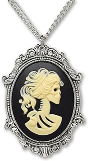 Gothic Lolita Pewter Framed Skull Cameo Pendant Necklace with Curb Chain and Spring Ring Clasp