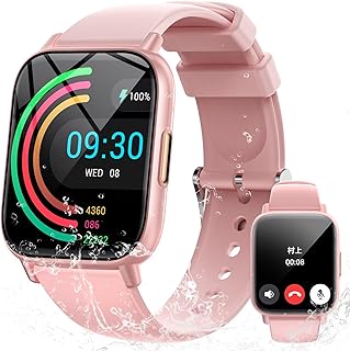 Audwierrスマートウォッチ、1.83インチ大画面で通話・LINE通知対応、IP67防水。男女兼用、運動と日常生活に最適（ピンク）。
