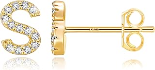 MONOOC Initial Stud Earrings for Girls - S925 Sterling Silver Post Cubic Zirconia Stud Earrings Initial Earrings for Girls Women Hypoallergenic Earrings Birthday Gifts for Girls Kids Jewelry