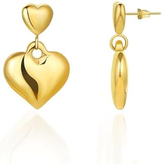 18k Gold Plated Heart Dangle Earrings with Stainless Steel Push Back for Girls, Heart-Shaped Trendy Design