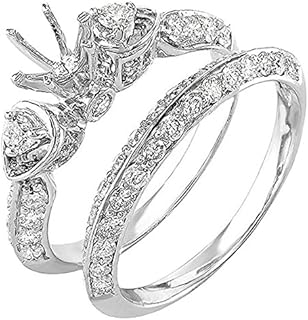 14K White Gold and Diamond Semi-Mount Engagement Ring Set, Three-Stone Design for Her, Size 5