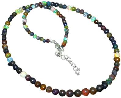 Natural Black Opal Beads Necklace, Fire Opal Round Balls Beads Strand, 925 Silver Clasp, October Birthstone Jewelry