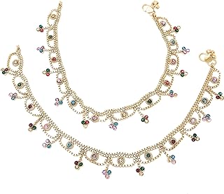 Duel On Jewel Indian Gold Tone Bells Anklet Chain Payal Set For Women in Multicolor Rhinestone Crystal Zircon For Beach Party Gift