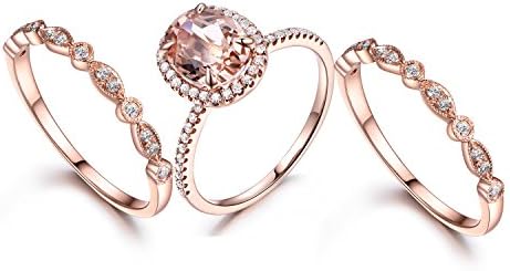 Morganite Wedding Ring Set 6x8mm Oval Pink Stone Art Deco Milgrain Diamond Wedding Band 14K Rose Gold