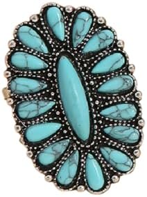 Bohemian Vintage Turquoise Oval Flower Rings Geometric Ethnic Natural Stone Adjustable Silver Joint Knuckle Rings Western Cowgirl Statement Jewelry