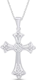 AFFY Round Shape White Natural Diamond Accents Cross Pendant Necklace In 14k Gold Over Sterling Silver