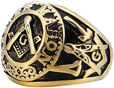 Gold Plated Stainless Steel Freemason Wedding Ring, Vintage Masonic Design for Men