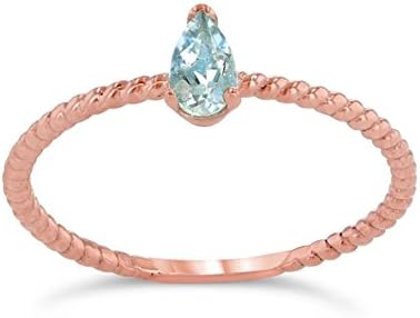 Dainty 14k Rose Gold Solitaire Aquamarine Pear-Shaped Modern Engagement Rope Ring (Size 8)