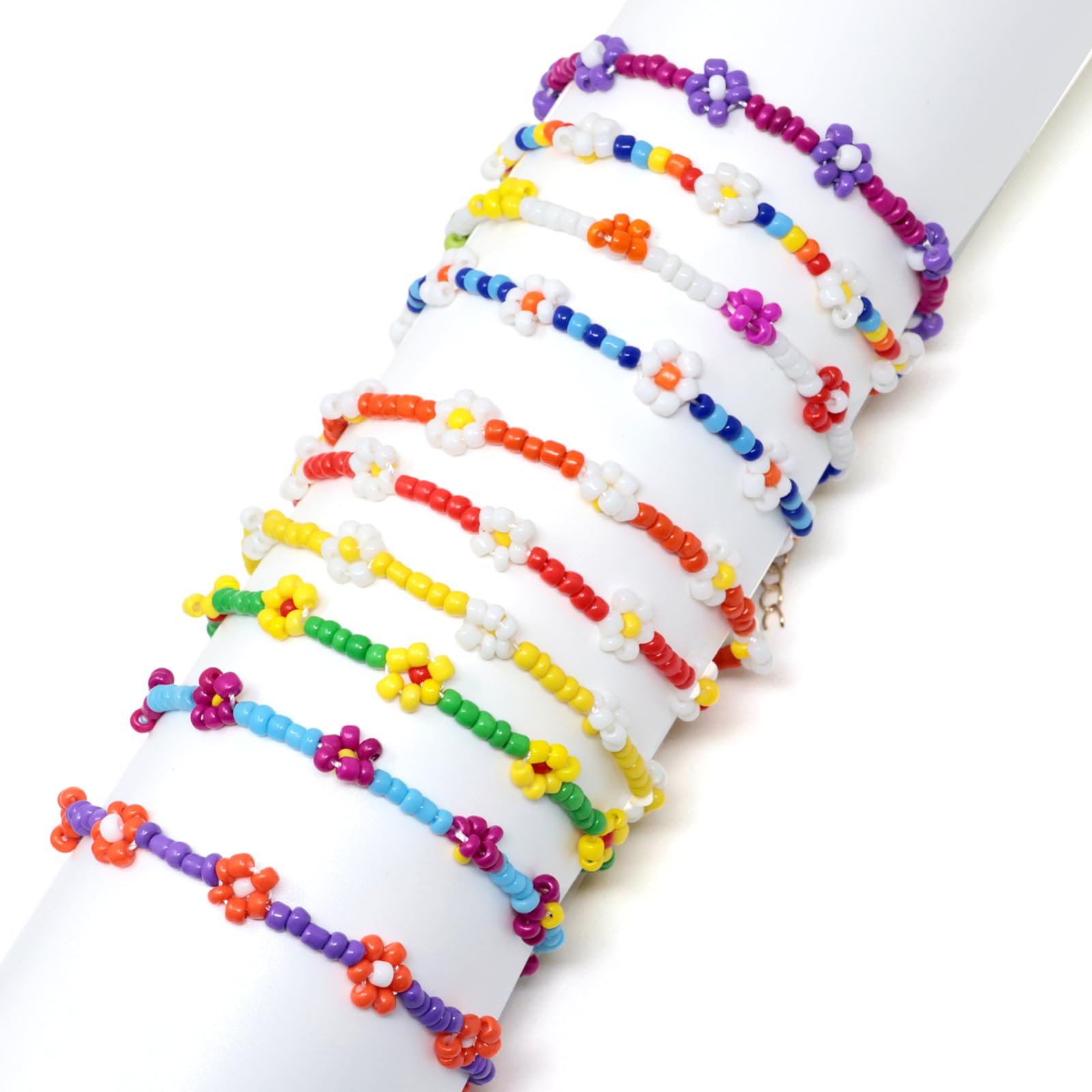 yueton 10PCS Colorful Flower Rice Bead Adjustable Bracelet Boho Daisy Bead Bracelet Set Cute Handmade Bead Bracelets for Women Girls Beach Summer