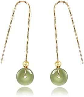 14K Gold Plated Hetian Jade Drop Earrings with Push Back, Handcrafted for Women, Green Long Wire Design