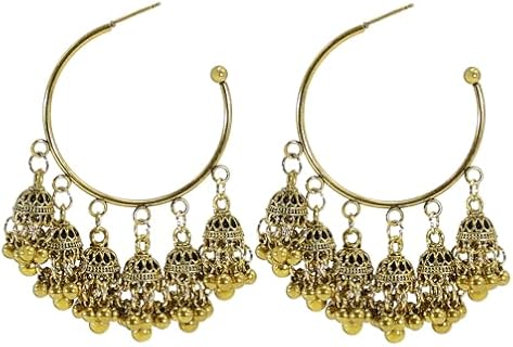 Bohemian Indian Statement Half Hoop Earrings for Women Girls Vintage Bell Drop Huggie Hoops Earring Beaded Mexico Tassel Dainty Bollywood Hooped Jhumka Jhumki Traditional Wedding Christmas Jewelry Gifts