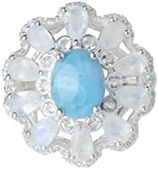 Lustrous Larimar and Moonstone Wedding Ring Featuring White Topaz Cluster, Crafted in 925 Sterling Silver, Size 7 - Serene and Elegant Gift for Women