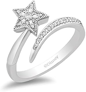 Jewelili Enchanted Disney Sterling Silver Tinker Bell Ring with 1/8 Cttw White Diamond for Women, Whimsical Wand & Wing Design