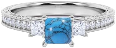 Three-Stone Women's Engagement Ring with Princess-Cut Turquoise Centerpiece, 925 Sterling Silver or Gold Options