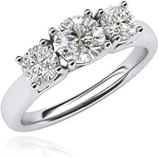 Sterling Silver Clasp Moissanite Three Stone Trellis Engagement Ring by LANDA JEWEL for Women - Round Design