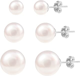 LANCHARMED Sterling Silver Pearl Stud Earrings for Women - AAA Freshwater Pearl Stud Set with Secure Push Back Design - Hypoallergenic Multi Pack Earrings with Versatile Sizes