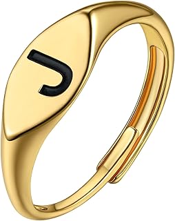 GOLDCHIC JEWELRY Anillos de Boda Originales, Ajustables en Oro con Iniciales A-Z y Esmalte Negro, Elegante Diseño para Mujeres, Perfecto para Regalos y Ocasiones Especiales
