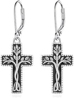 Men's Sterling Silver Dangle Cross Earrings with Lever Back Design and Tree of Life Motif