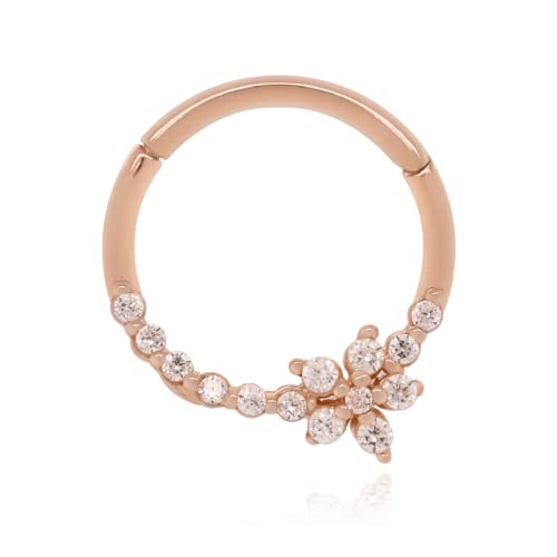 Flower Clicker Septum Daith Ring, Hinged Clicker Rook Ring 16g, Genuine Diamond Helix Flower Nose Hoop.