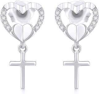 14k 10k Gold Heart Cross Earrings for Women Dangle, Religious Stud Drop Jewelry Confirmation Gifts for Her
