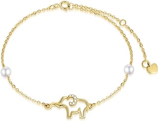 Spring Ring Clasp 10k Gold Elephant Anklet with Pearls for Women, Unique Box Chain Design, Perfect Gift for Wife, Sister or Girlfriend