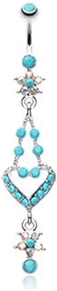 Pierced Owl - 14G Stainless Steel Aurora Borealis CZ Crystal Flowers and Turquoise Beaded Heart Long Dangling Belly Button Ring