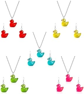 5-Pairs Cute Yellow Duck Drop Earrings and Necklace Set with Lobster Clasp for Women, Girls, and Teens - Stainless Steel and Resin