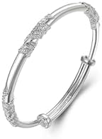 LIU JUN Sterling Silver Bangle Cuff Bracelets For Women, Simple Adjustable Handmade Flower Engravings Symbolic Gifts Jewelry