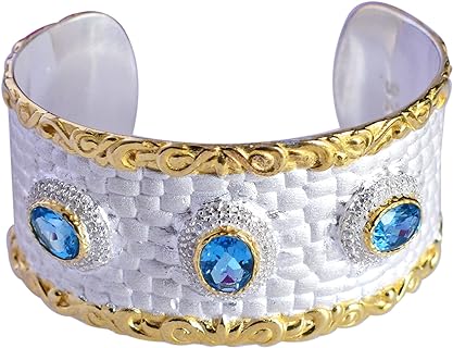Exquisite Blue Topaz Sterling Silver Cuff Bangle with Cable Chain, Handcrafted Jewelry Gift for Her
