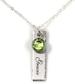 AJ's Collection Single Edge-Hammered Personalized Charm Necklace. Customize Sterling Silver Rectangular Pendant with Name and Birthstone. Includes a 925, Sterling Silver Chain. Makes Gifts for Her